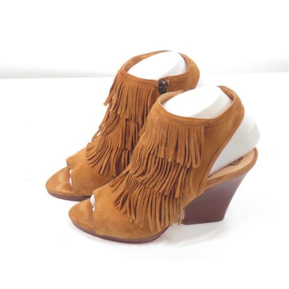 Vince Camuto Jadon Brown Leather Fringe Slingback Sandal Block Heel Women 6.5 - Picture 3 of 10